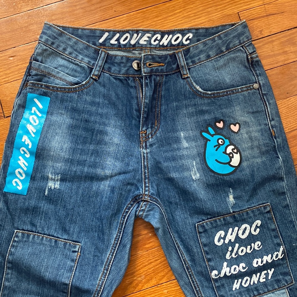 ‘I Love Choc’ Unique Straight Leg Jeans blue size 28 patchwork